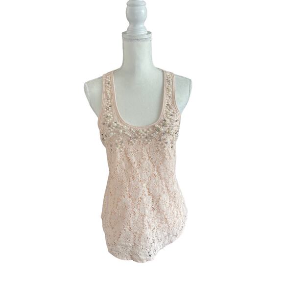 Express Cream Lace and Bead Tank Top Racerback Y2K Summer Glam Size Medium - Picture 2 of 11